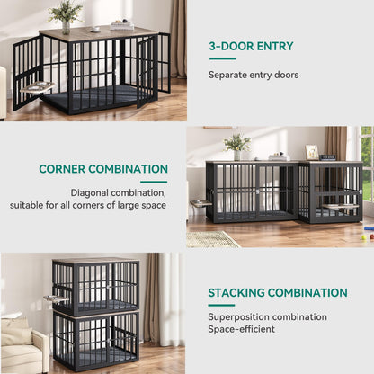 YITAHOME 88.6" Large Corner Dog Crate Furniture for 2 Dogs, 4 Combination Forms Wooden Dog Kennel with 360° rotatable Dog Bowls & 3 Doors,Dog Crate Furniture TV Stand for Medium Large Dog, Grey