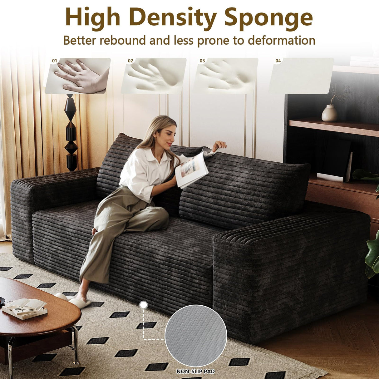 63" Boneless Loveseat Sofa - Cloud Couch with Memory Foam, Comfy Deep Seat - Corduroy Floor Sofa, No Assembly Required - Small Space Friendly for Living Room, Bedroom, Apartment, Black Sgapork