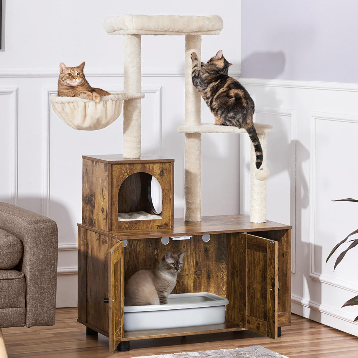 Yaheetech Litter Box Enclosure with Cat Tree, All-in-one Indoor Cat House w/Scratching Posts, Wooden Cat Litter Box Furniture w/Cat Condo, Platform, Rustic Brown/Beige Yaheetech