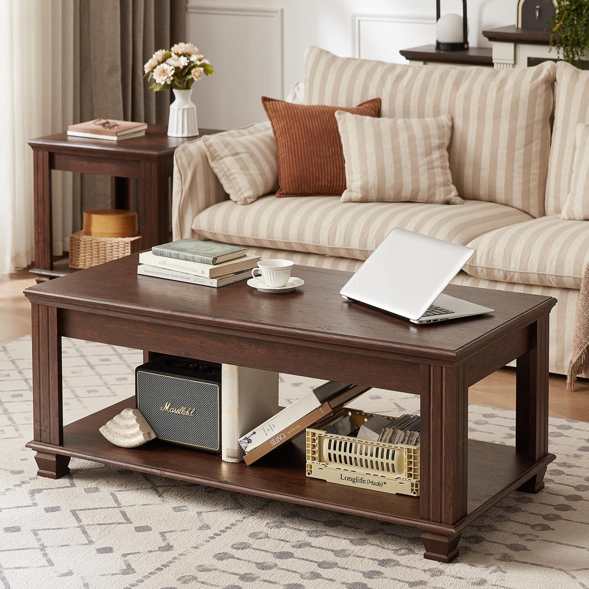 SAVOR LIFE Farmhouse Coffee Tables for Living Room,Square Living Room Tables with Open Storage Shelf,Large Modern Coffee Table,Rustic Brown Center Table,Walnut SAVOR LIFE