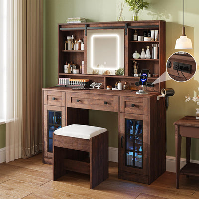 Maupvit Farmhouse Makeup Vanity Desk with Sliding Mirror, 45.5" Vanity Set with 3 Drawers & 2 RGB LED Cabinets & Charging Station, Ample Storage, Stool Included, Brown