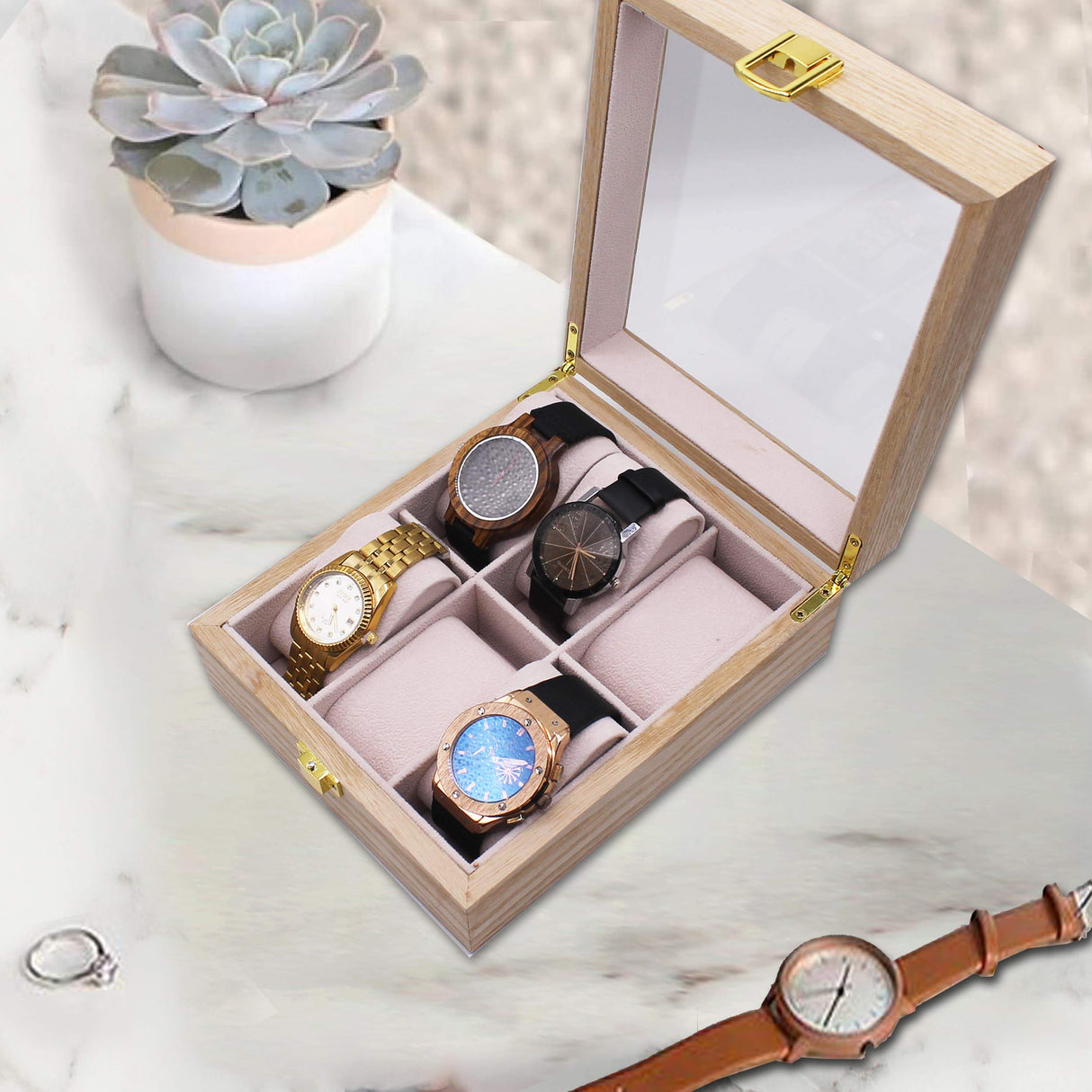 Custom Personalized 6 Slot Watch Storage Box and Glass Display Case - Customized with Your Engraved Style Choice (Distressed Wood) My Personal Memories