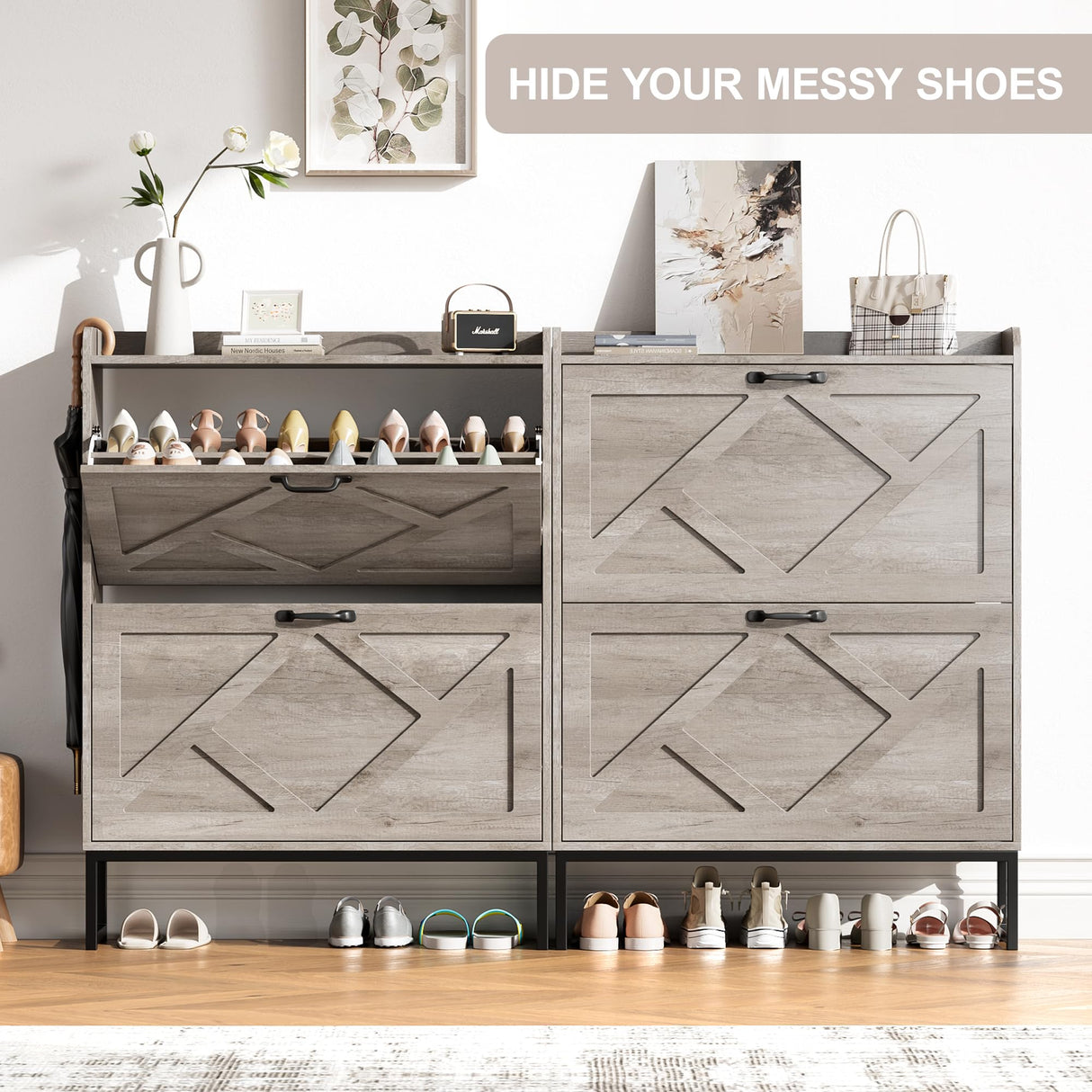 Nicetree Shoe Storage Cabinet with 2 Flip Drawers, Freestanding Shoe Organizer, Shoe Cabinet with Metal Legs, Narrow Shoe Rack Cabinet, Farmhouse Slim Shoe Cabinet for Entryway, Hallway, Rustic Gray Nicetree