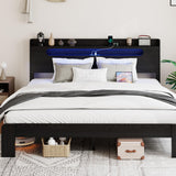 SAMTRA Wooden King Size Bed Frame with Storage Headboard, Farmhouse Platform Bedframe with Charging Station & Led Lights, Sturdy Wood Slat Framework, Easy Assembly (Rustic Black, King) SAMTRA