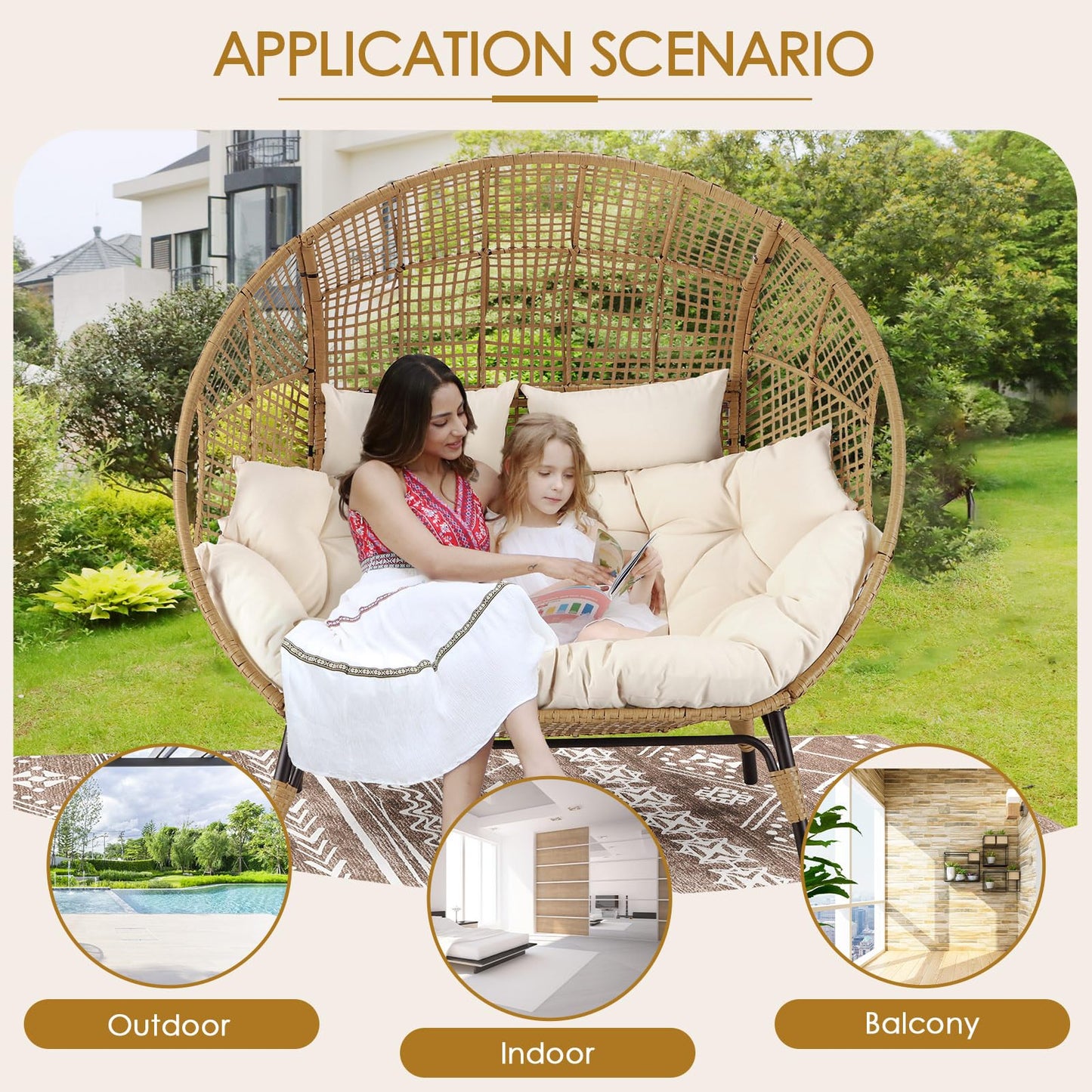 NICESOUL® Double Egg Chair Indoor Outdoor Stationary Oversized Thicken Padded Cushions,2 Person Egg Loveseat Chair,680 lbs Extra Large Lounge Chair for Patio Balcony Porch Backyard Beige with Cover