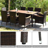 COSTWAY 9PCS Patio Rattan Dining Set 8 Stackable Chairs Cushioned Acacia Wood Table Top COSTWAY