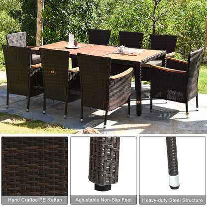 COSTWAY 9PCS Patio Rattan Dining Set 8 Stackable Chairs Cushioned Acacia Wood Table Top - WoodArtSupply