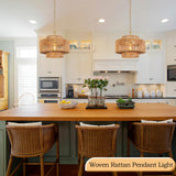 Bagood 12.4" Rattan Chandelier 1 Light Woven Rattan Pendant Light Boho Wicker Pendant Lighting Fixture Farmhouse Chandelier Light Fixture 3-Tier Drum Wicker Rattan Golden Chandelier for Dining Room Bagood