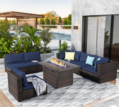 GREZJXC 7 Pieces Outdoor Sectional Patio Furniture Set with Fire Pit Table PE Rattan Wicker Patio Sectional Conversation Set with Cushion Navy Blue