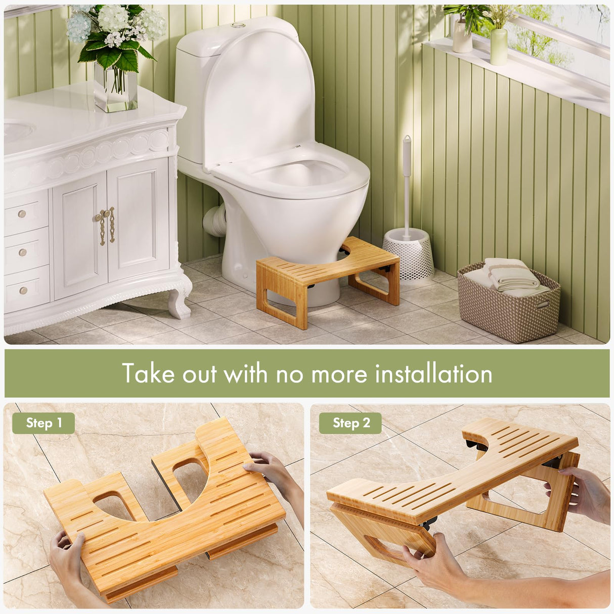 AmazerBath 7 Inches Bamboo Toilet Stool Squat for Adults, Collapsible Poop Stool for Bathroom, Potty Step Stool with Non-Slip Strip, Improve Bathroom Posture and Comfort, Natural Color AmazerBath