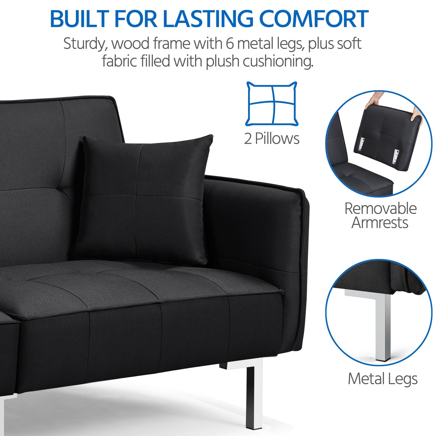 Yaheetech Futon Sofa Couch Convertible Sofa Sleeper Bed with Armrest Home Recliner Couch Home Living Room Furniture Linen Fabric Black