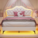 ADORNEVE Full Bed Frame with RGB LED Lights, Princess Bed Frame with Adjustable Crystal Button Headboard, Velvet Upholstered Platform Bed for Girls, Solid Wooden Slats, Easy Assembly, Creamy White ADORNEVE