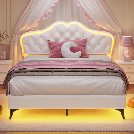 ADORNEVE Full Bed Frame with RGB LED Lights, Princess Bed Frame with Adjustable Crystal Button Headboard, Velvet Upholstered Platform Bed for Girls, Solid Wooden Slats, Easy Assembly, Creamy White ADORNEVE