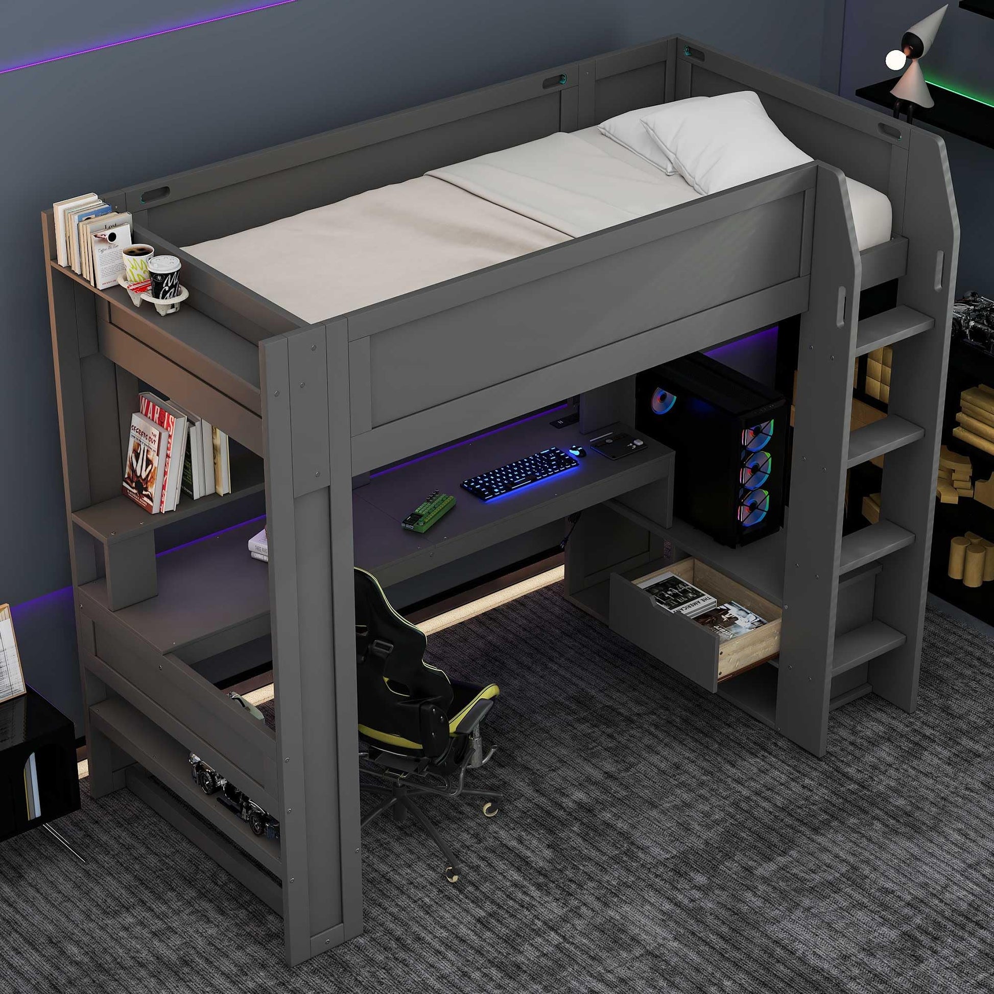 Polibi Dark Gray Twin Gaming Loft Bed with Desk, LED Lights, and Charging Station - WoodArtSupply