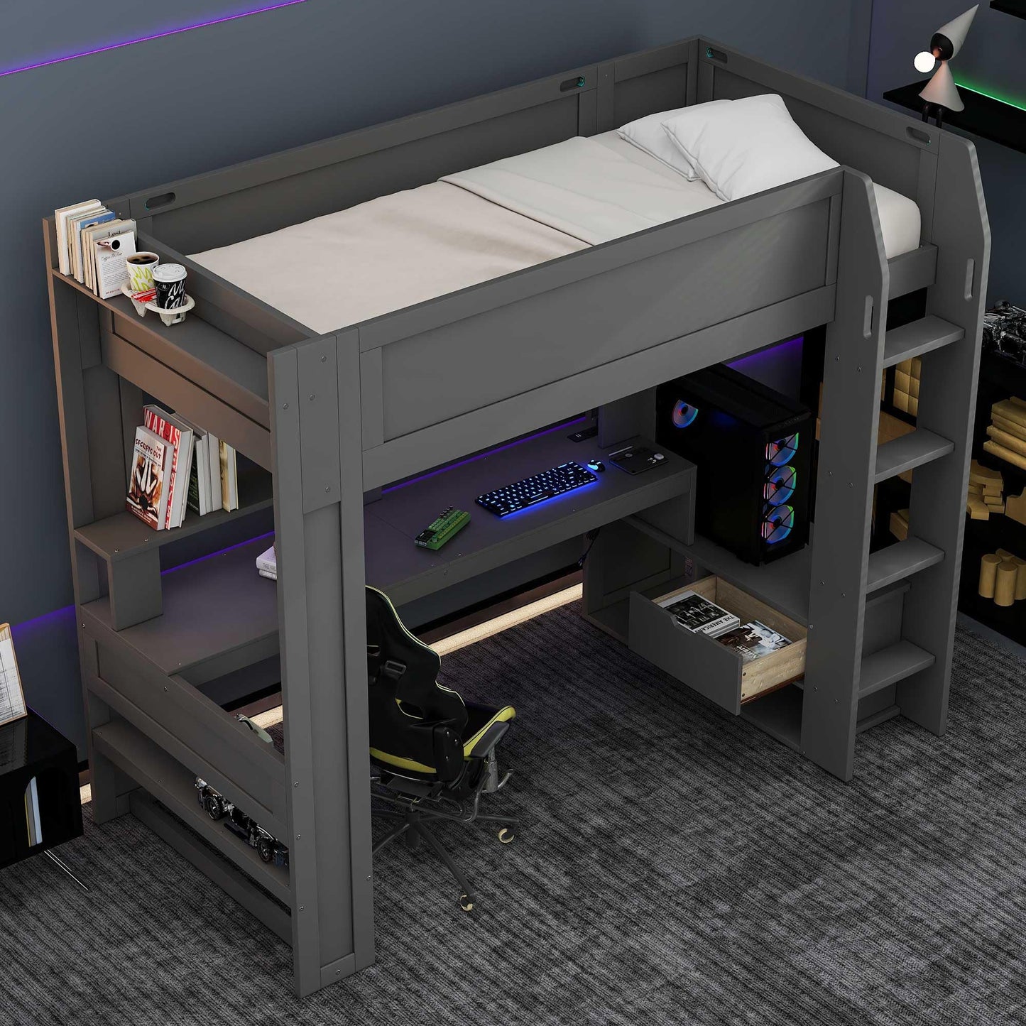 Merax Twin Loft Bed with Gaming Desk, Storage Shelves, Drawer & Charging Station in Dark Grey - WoodArtSupply