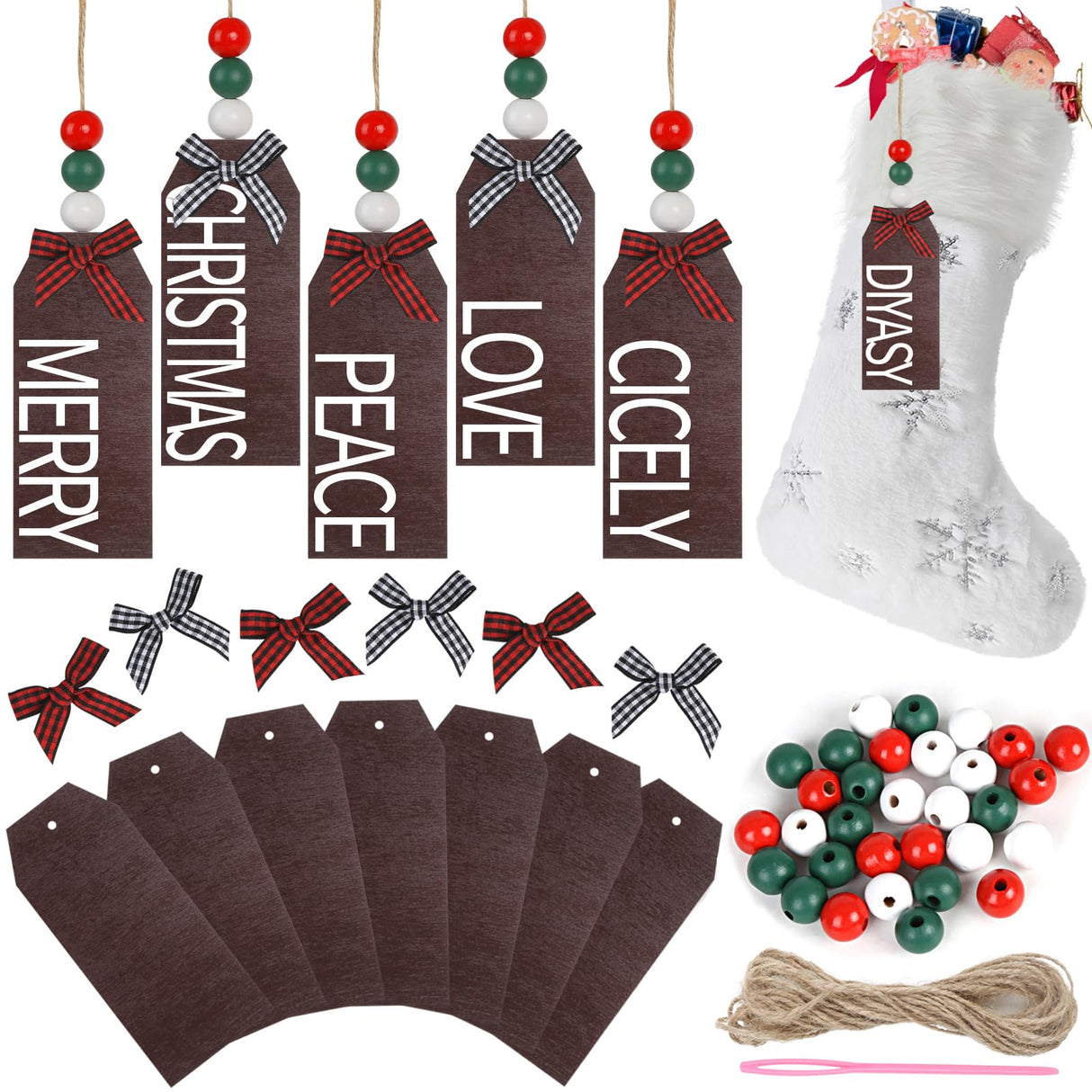 DIYASY Christmas Stocking Name Tags, 12 Pack Personalized Wooden Haning Tags Farmhouse Stocking Sign Unfinished Blank Chalkboard Tags with Wood Beads, Bows, Hemp Rope & Needle DIYASY