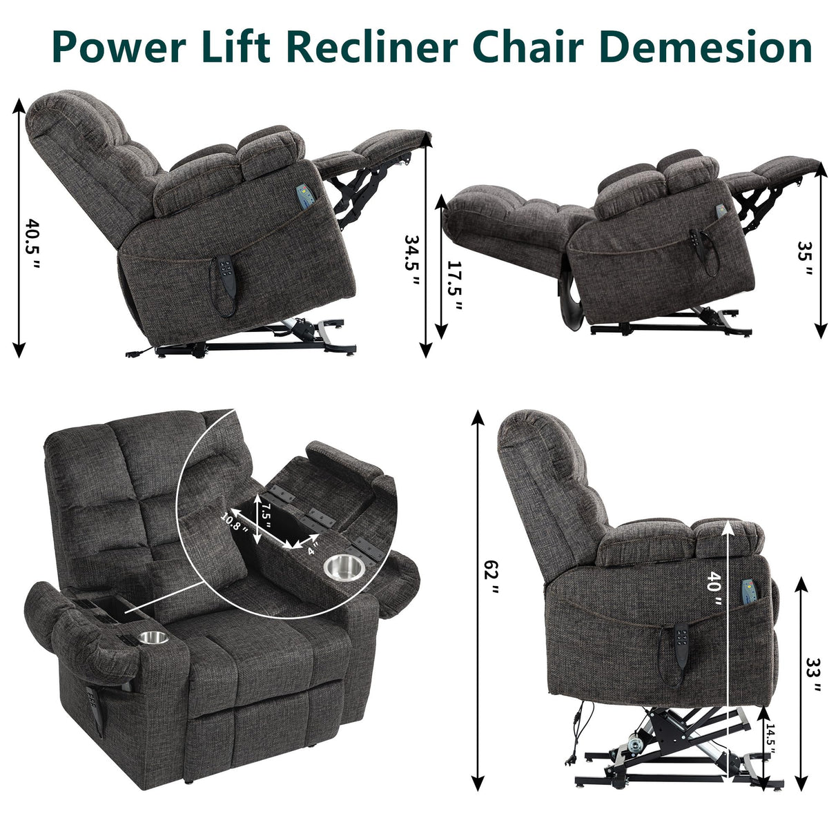 REHOUSING Oversized Power Lift Recliner Big Man 400lbs, Extra Wide Recliner Chair with Lifts Vertically for Elderly, Features Cup Holder, Heat and Massage, Zero Gravity Lay Flat for Adults (Grey) REHOUSING