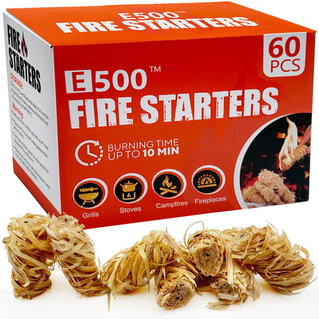 E500 Fire Starter - Natural Fire Starters for Fireplace, Campfires, Chimney, BBQ, Fire Pit & Wood Fireplace - 60 Pack Odorless Pine Firestarter, Charcoal Starter for Grill E500