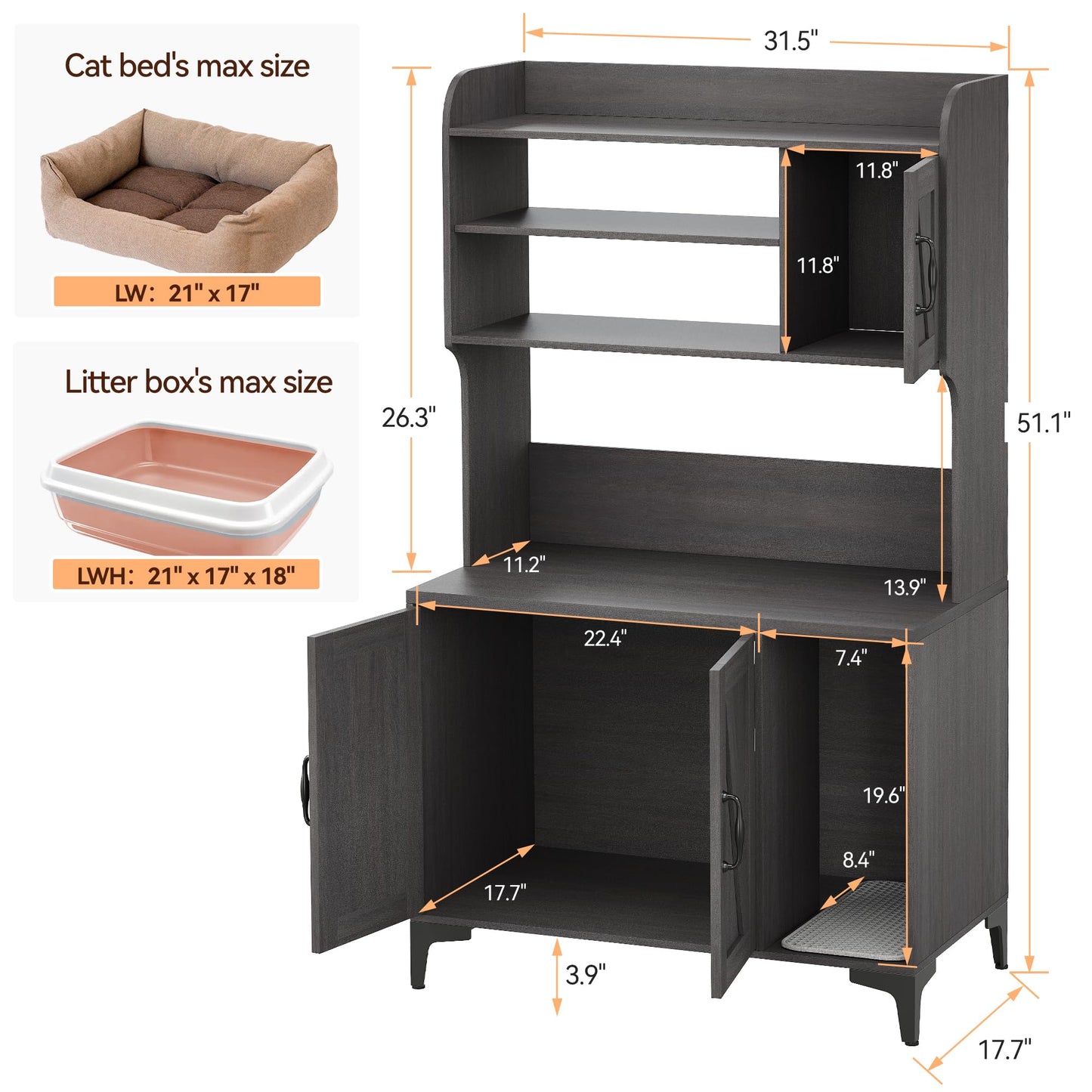 IDEALHOUSE Cat Litter Box Enclosure with Shelves and Doors,Wood Sturdy Hidden Litter Box Furniture,Indoor Cat House Furniture for Most of Litter Box,Litter Box Cabinet,Walnut Color - WoodArtSupply