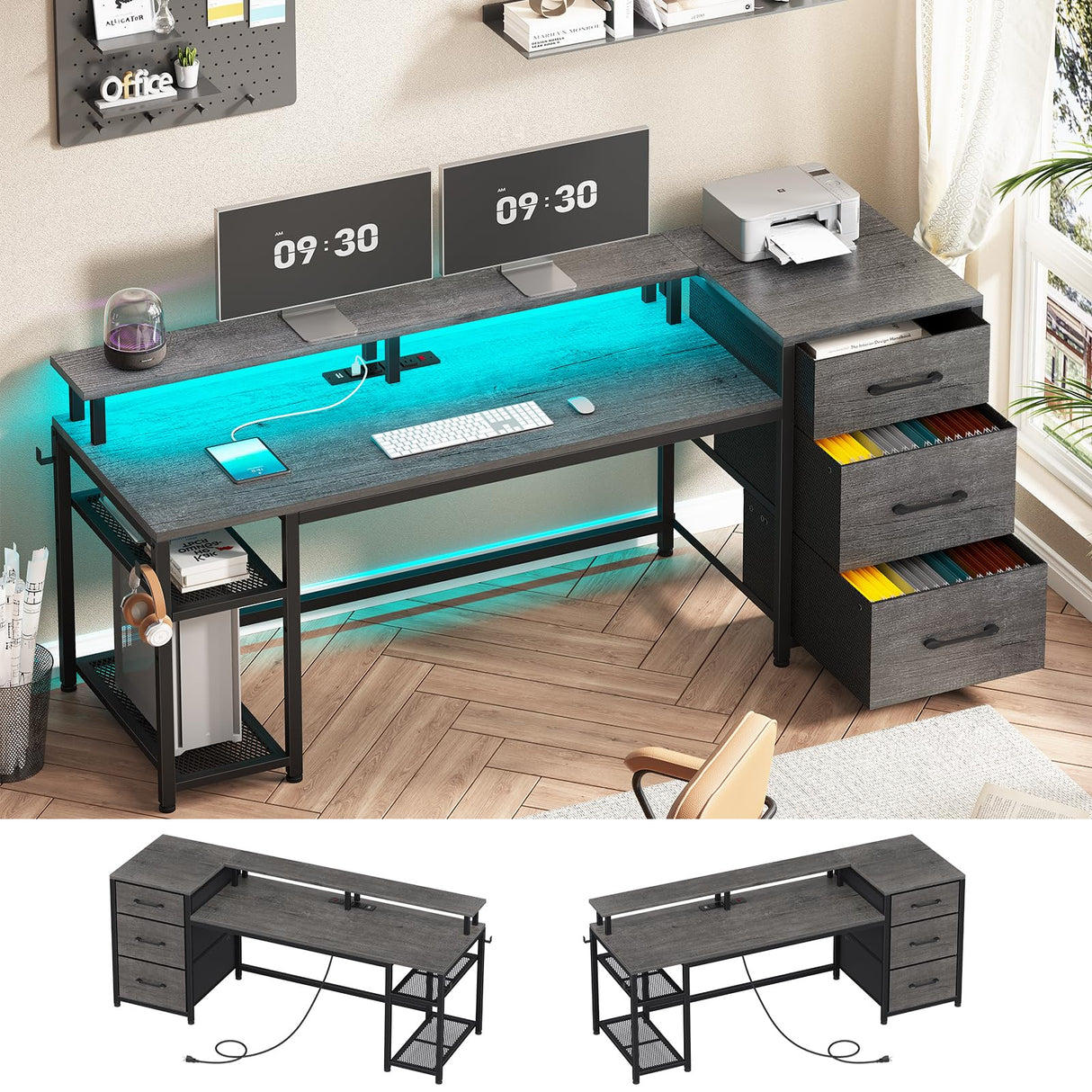SEDETA 59" Office Desk with Drawers, Reversible Computer Desk with File Drawers & Storage, Gaming Desk with LED Lights & Power Outlet, Home Office Desks for Printer, Grey SEDETA