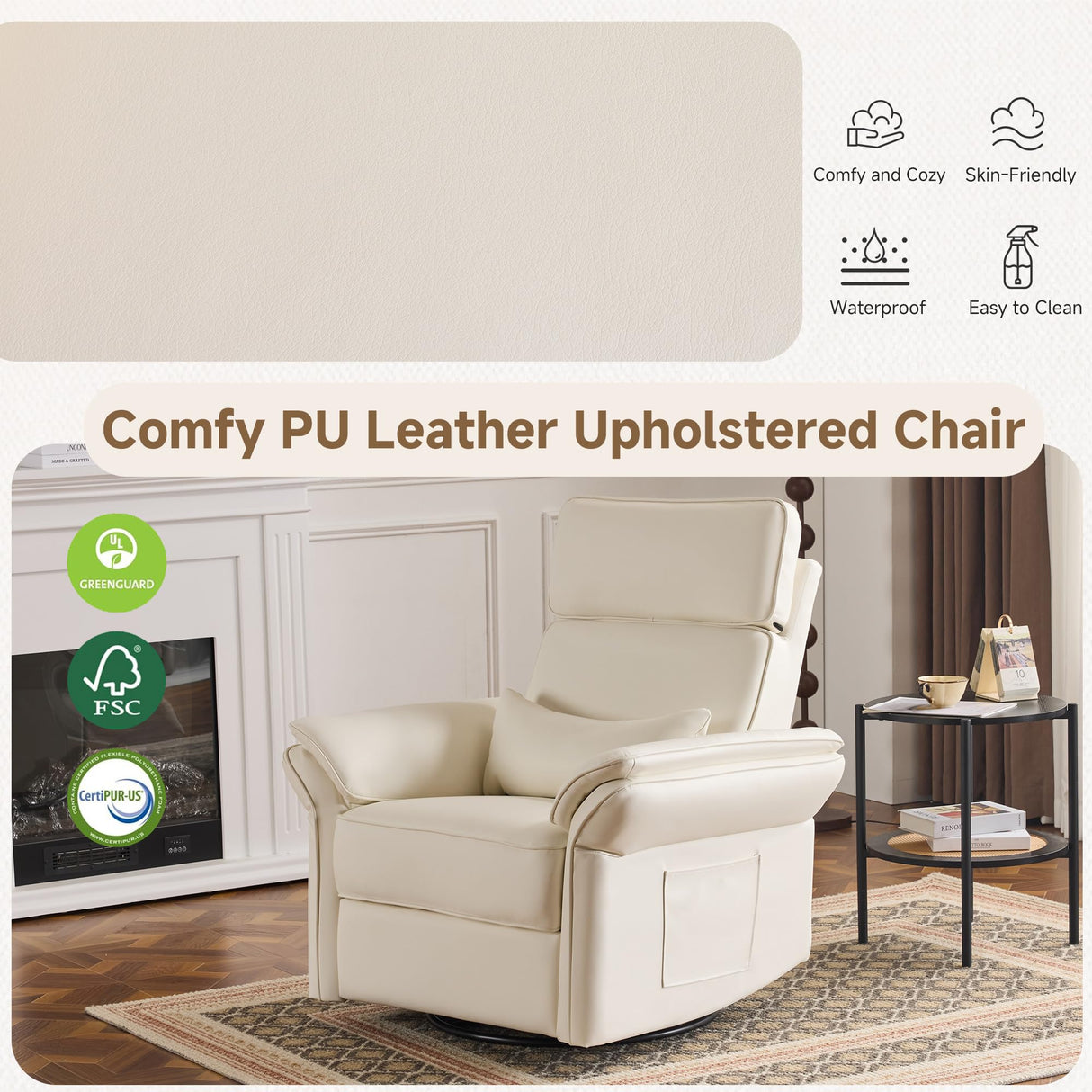 Power Recliner Rocking Chair Nursery Gliders with Adjustable Armrests and Headrest, Swivel Electric Glider Reclining Nursing Chair with USB Port and Storage Bags, FSC Certified(Leather, Beige) MELLCOM