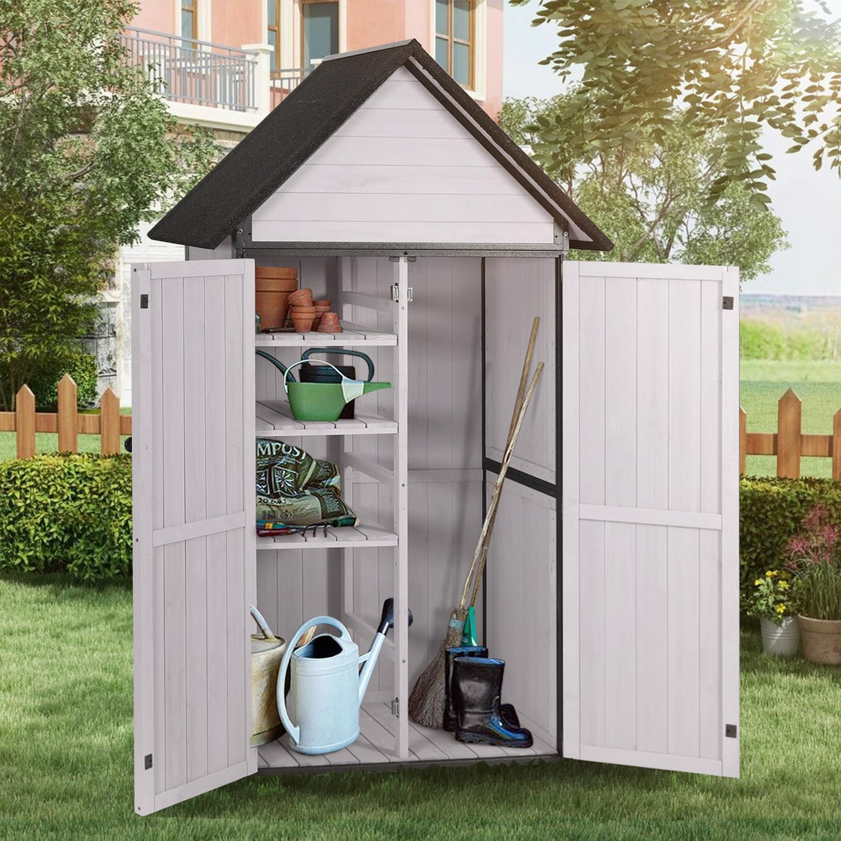 GUTINNEEN Outdoor Storage Shed with All Around Strong Metal Frame, Garden Tool Sheds Cabinet with Floor & Adjustable Shelves, Wooden Tool House for Backyard Garden Patio Lawn (White) GUTINNEEN
