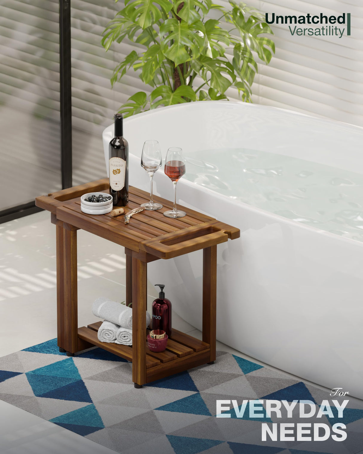 BLUEWEST Adjustable Shower Bench Stool for Inside Shower – 31.7'' Wood Bathroom Bench with Storage Shelf, Built-in Handle & Shower Head Holder, Waterproof Ideal for Sitting, Shelving Legs and Spa Use BLUEWEST