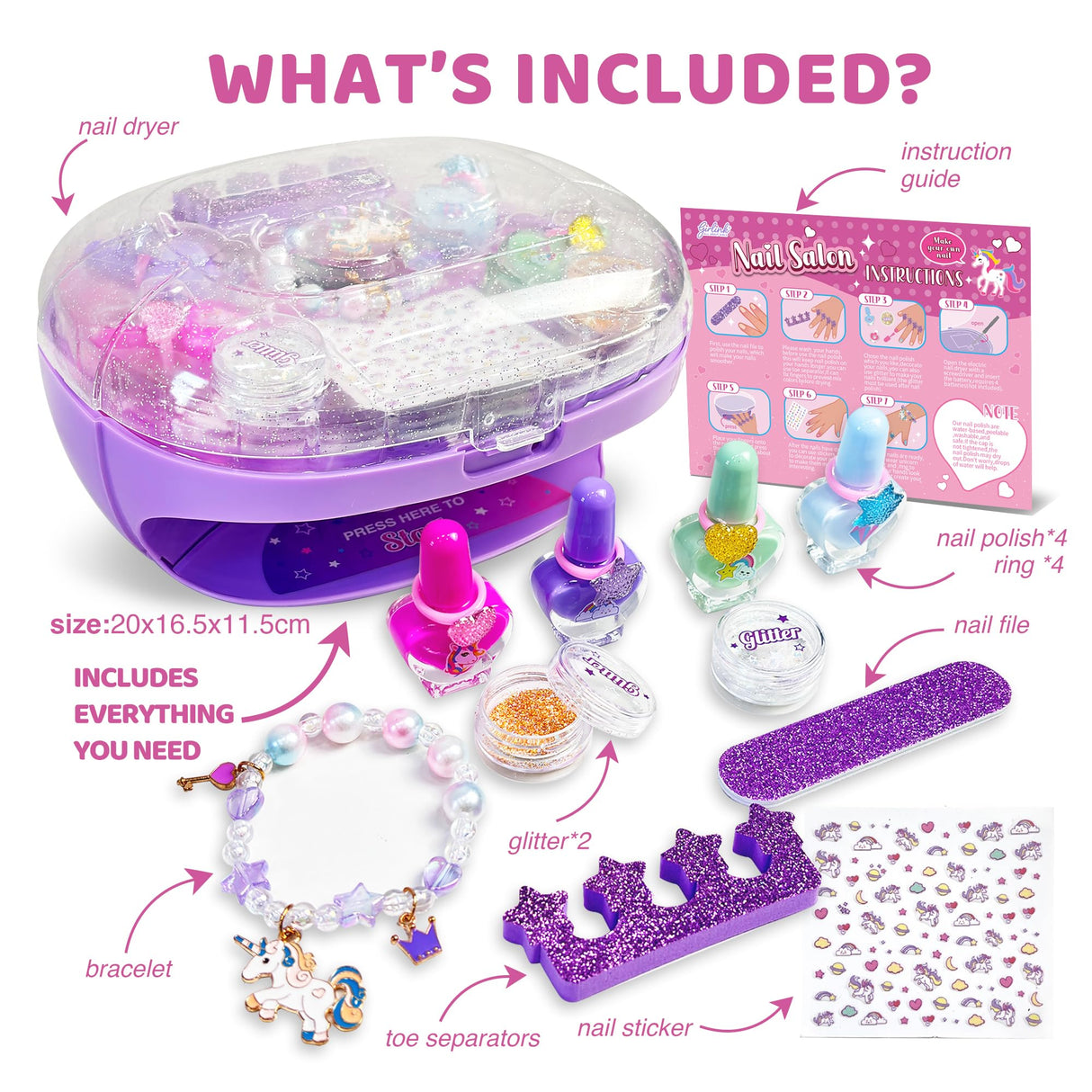 GIRLINK Nail Kit for Girls Ages 6-12, Girl Nail Kit with Dryer/Peel-able Nail Polish/Rings/Bracelet/Nail Sticker/Nail Sticker/Glitter Powder/ Nail File/Toe Separator GIRLINK