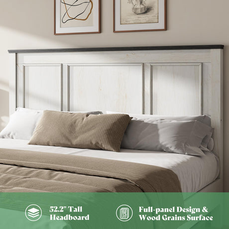 AMERLIFE King Size Bed Frame with 52.2" Tall -Panel Headboard & Footboard, Farmhouse Wood Platform Bed Frame with 3 Large Storage Drawers, Noiseless, No Box Spring Needed, Rustic White AMERLIFE