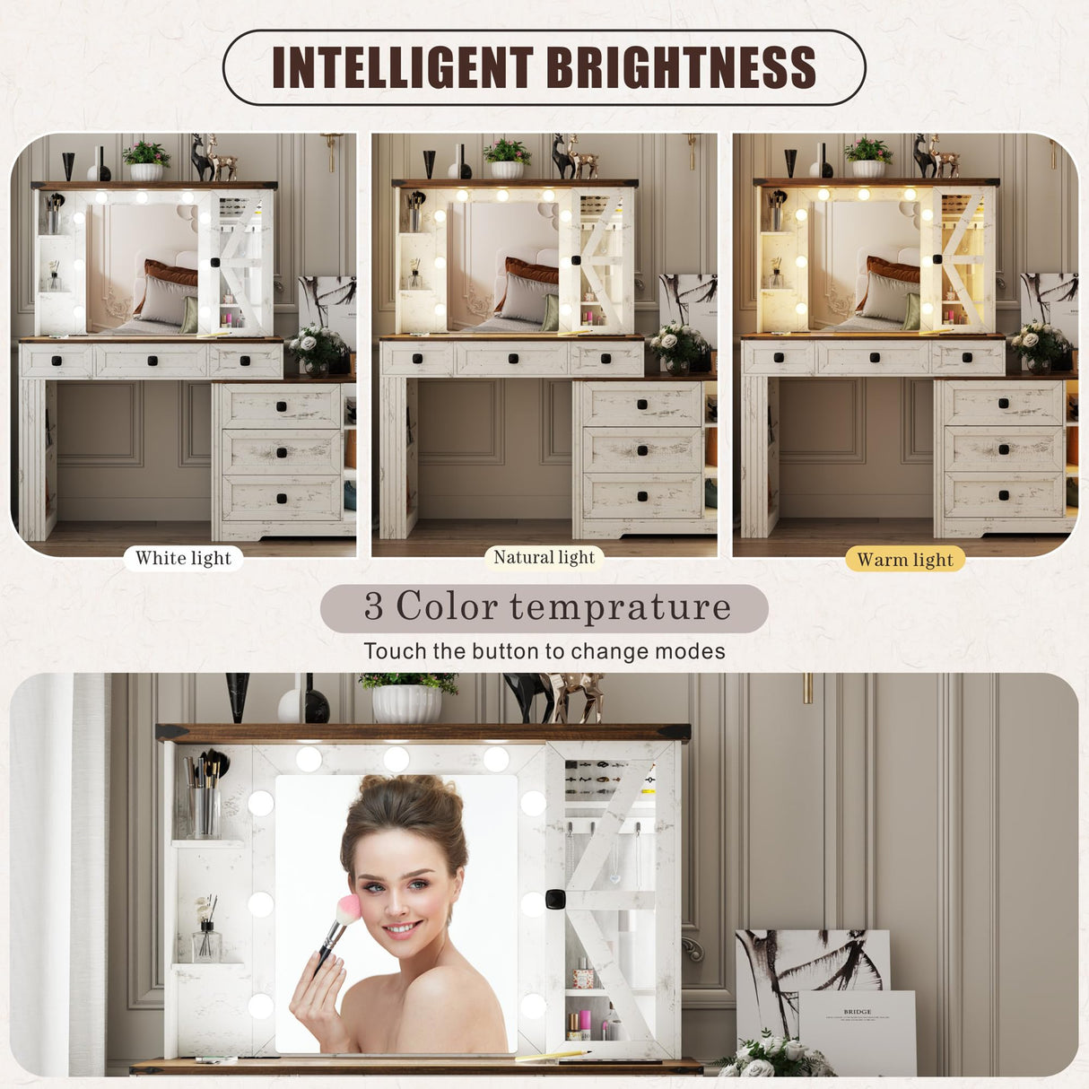 FREDEES Farmhouse Vanity Desk with Mirror and Lights, Makeup Vanity Table with 6 Drawers/Large Storage,White Dressing Table 3 Colors Adjustable Lighting Brightness & Charging Station for Women FREDEES