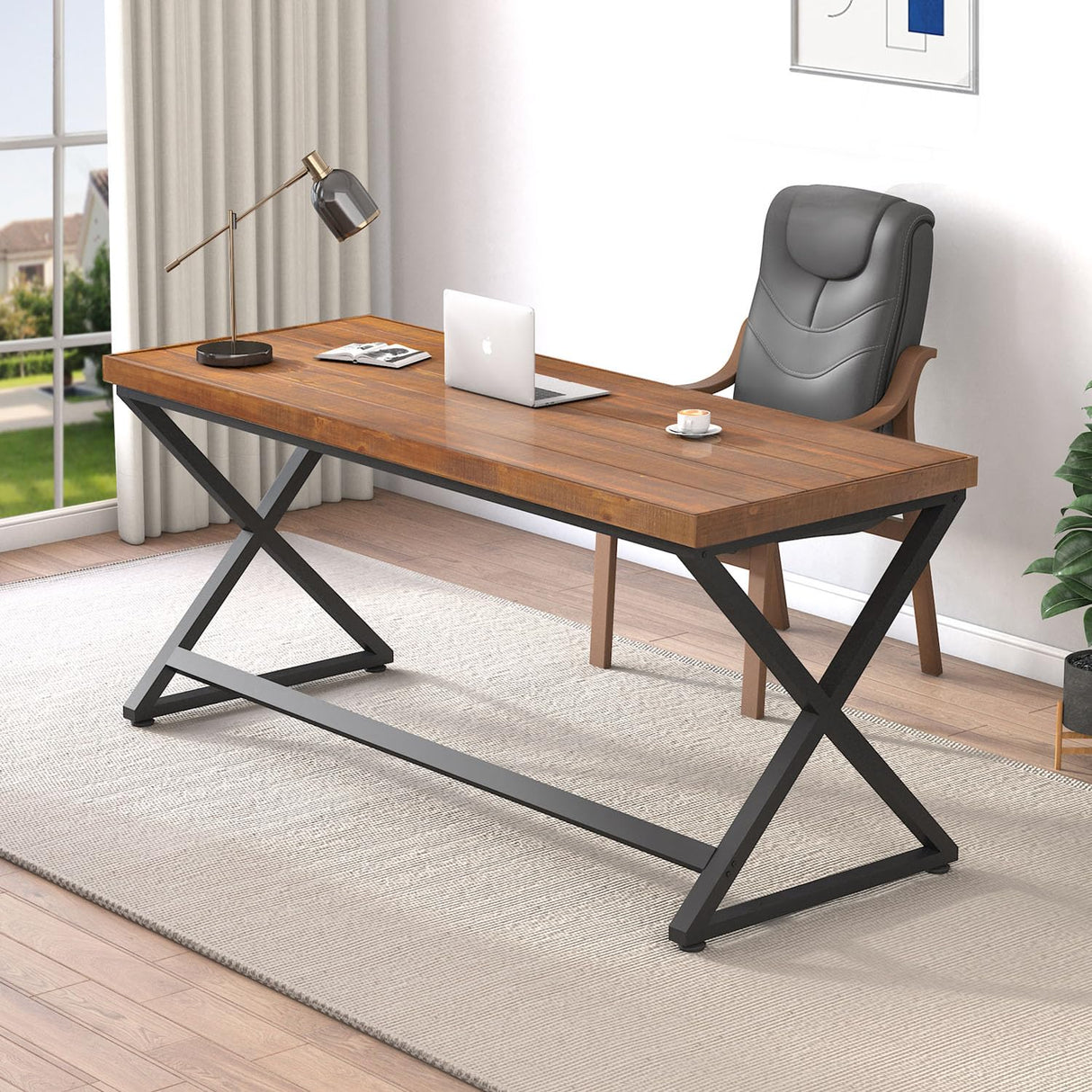 IBF Solid Wood Computer Desk, Rustic 55” Real Wood Home Office Work Desk, Farmhouse Natural Wood Desk for Writing Study, Simple Fir Wooden PC Table Workstation for Living Room Bedroom, Brown, 55 inch IBF