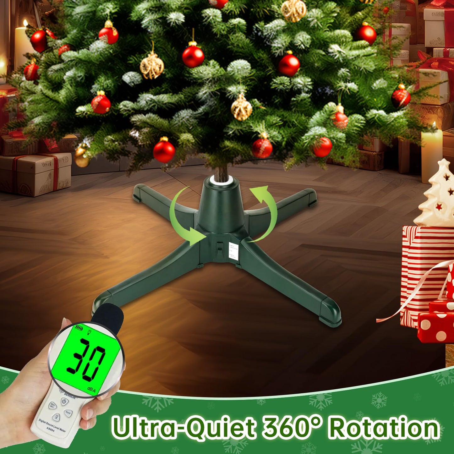 Latest Upgraded Silent Rotating Christmas Tree Stand, Rotating Tree Stand for Artificial Christmas Tree, 360° Tree Rotating Stand, Supports 7.5ft and 80 lbs, 3 Built-in Outlets, 3 Settings, Green