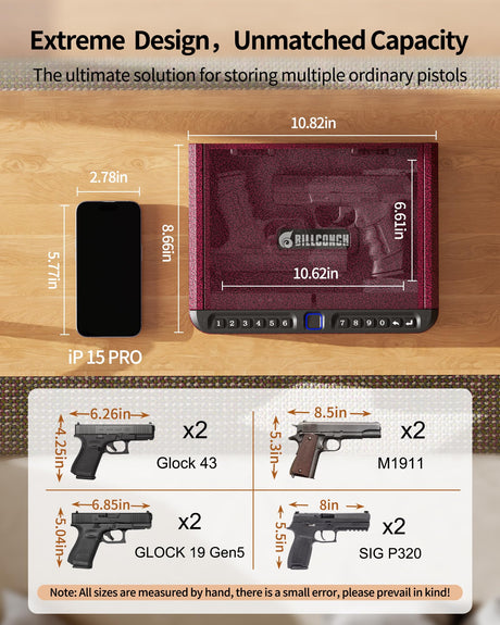 BILLCONCH Gun Safe for Handgun - Biometric Pistol Safe 4 Ways Quick Access with Fingerprint/Full-digital Keypad/Key/APP Lock and Security Cable for Nightstand Bedside Home - Burgundy Red BILLCONCH
