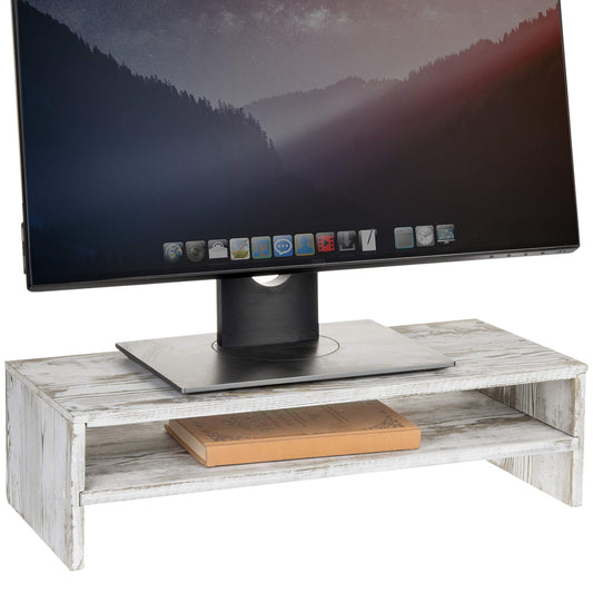 MyGift Shabby Whitewashed Wood Computer Monitor and Laptop Riser Stand for Desk, 2 Tier Office Desktop Storage Shelf - WoodArtSupply