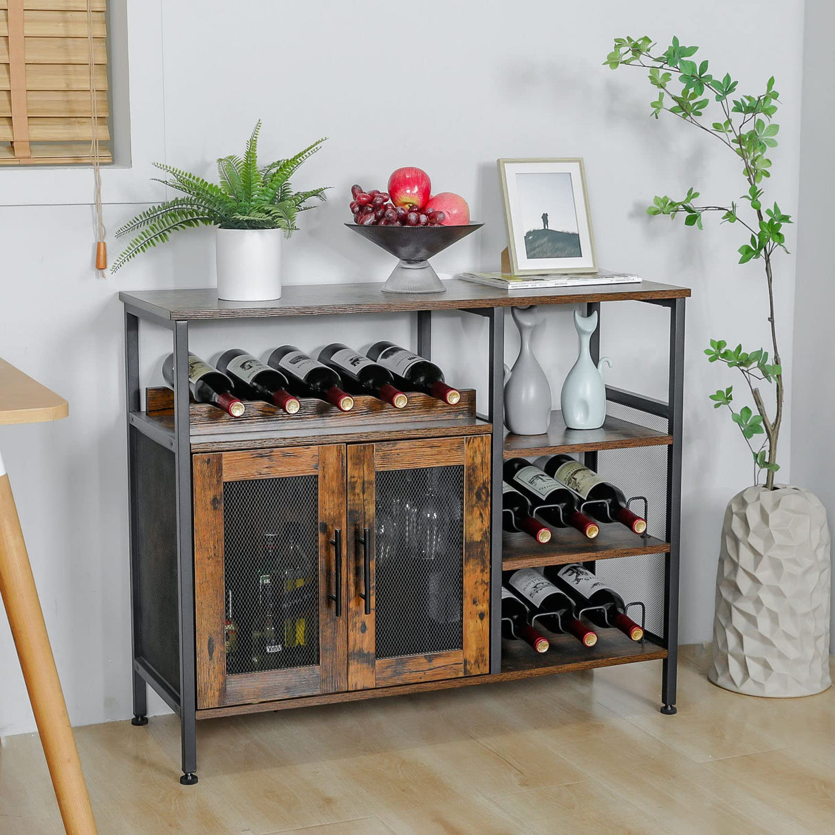 X-cosrack Wine Bar Rack Cabinet with Detachable Wine Rack, Coffee Bar Cabinet with Glass Holder, Small Sideboard and Buffet Cabinet with Mesh Door, Rustic Brown, Large X-cosrack