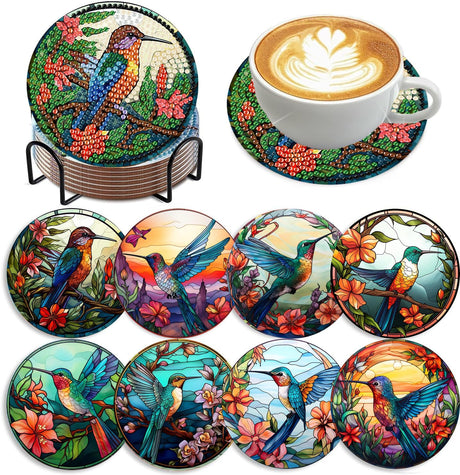 mrpwnle 8 PCS Diamond Painting Art Coaster Set with Holder Diamond Art Coasters DIY Hummingbird Diamond Painting Coasters Kit for Adults Beginners Bird Diamond Art Coasters Crafts Supplies mrpwnle