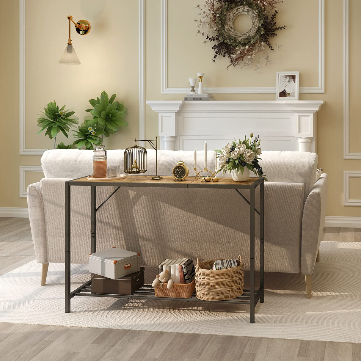 LAATOOREE Console Table, 41.7" Industrial Entryway Table with Shelf, Narrow Sofa Table for Hallway, Entrance Hall, Foyer, Corridor, Living Room - Wood Look Metal Frame - Rustic Brown LAATOOREE