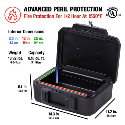 SentrySafe Fireproof Money Safe with Key Lock, Black Lock Box with Portable Carrying Handle for Travel, Exterior: 14.3 in. W x 11.2 in. D x 6.1 in H, 1200