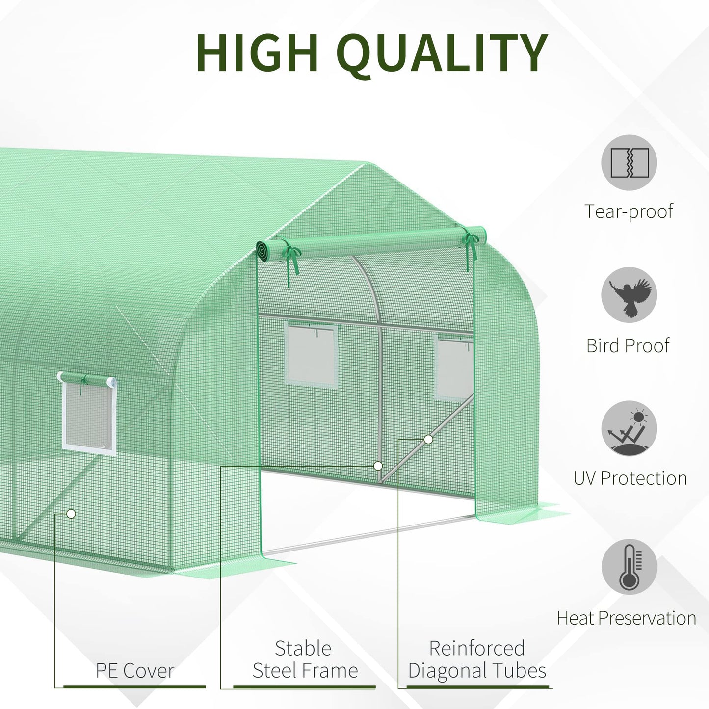 Outsunny 12' x 10' x 7' Outdoor Walk-in Greenhouse, Tunnel Green House with Roll-up Windows, Zippered Door, PE Cover, Heavy Duty Steel Frame, Green