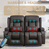 URRED Loveseat Recliner Sofa with Massage and Heat, Power Reclining Loveseat Sofa RV Couch Home Theater Seating with LED Lights, Cup Holders, Side Pockets, USB, Pillows, Faux Leather, Dark Brown URRED