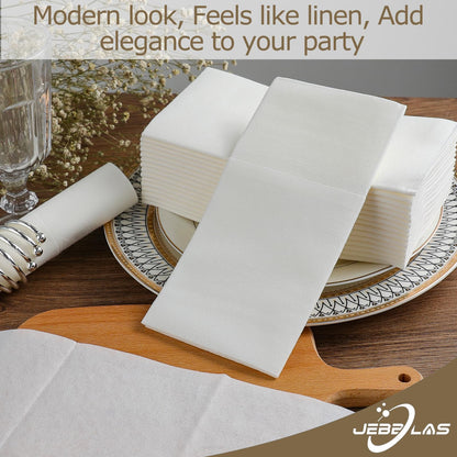 JEBBLAS Disposable Cloth Like Napkins, Built-in Flatware Pocket, Wedding Party Linen Feel White Napkin, Prefolded for Silverware,50 Count