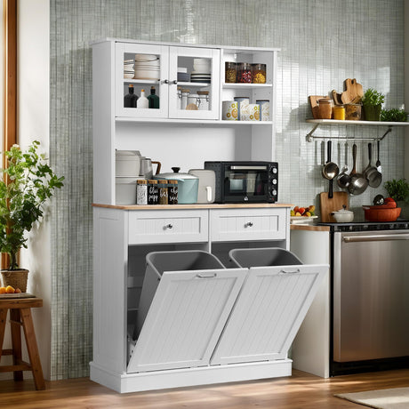 LOUVIXA Kitchen Pantry Storage Cabinet, Microwave Cabinet with Tilt Out Trash Cabinet,Tall Pantry Cabinet Cupboard, Freestanding Kitchen Hutch (White) LOUVIXA
