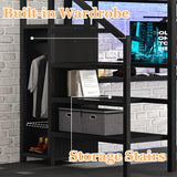 Bellemave Full Size Metal Loft Bed with L Shaped Desk and Wardrobe, Heavy Duty Loft Bed Frame with Storage Stairs, LED Loft Bed Frame with Charging Station & Safety Guard, Space Saving Loft Bed, Black Bellemave