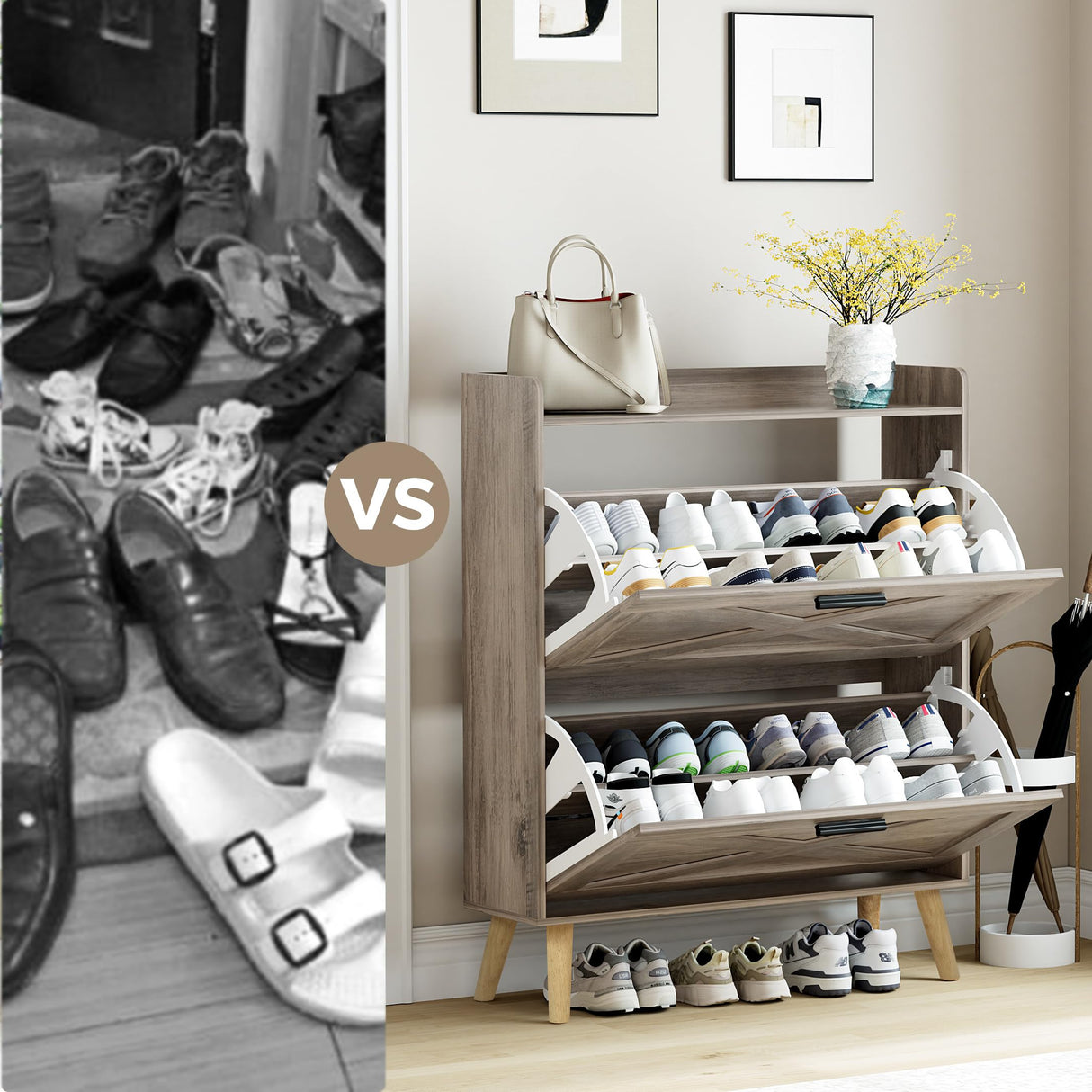 Homleke 32" W Farmhouse Shoe Storage Cabinet with 2 Flip Drawers and Barn Door Design, Adjustable Shelves, Modern Hidden Slim Narrow Shoe Rack Cabinet for Entryway, Foyer, Hallway, Living Room,Greige Homleke