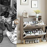 Homleke 32" W Farmhouse Shoe Storage Cabinet with 2 Flip Drawers and Barn Door Design, Adjustable Shelves, Modern Hidden Slim Narrow Shoe Rack Cabinet for Entryway, Foyer, Hallway, Living Room,Greige Homleke