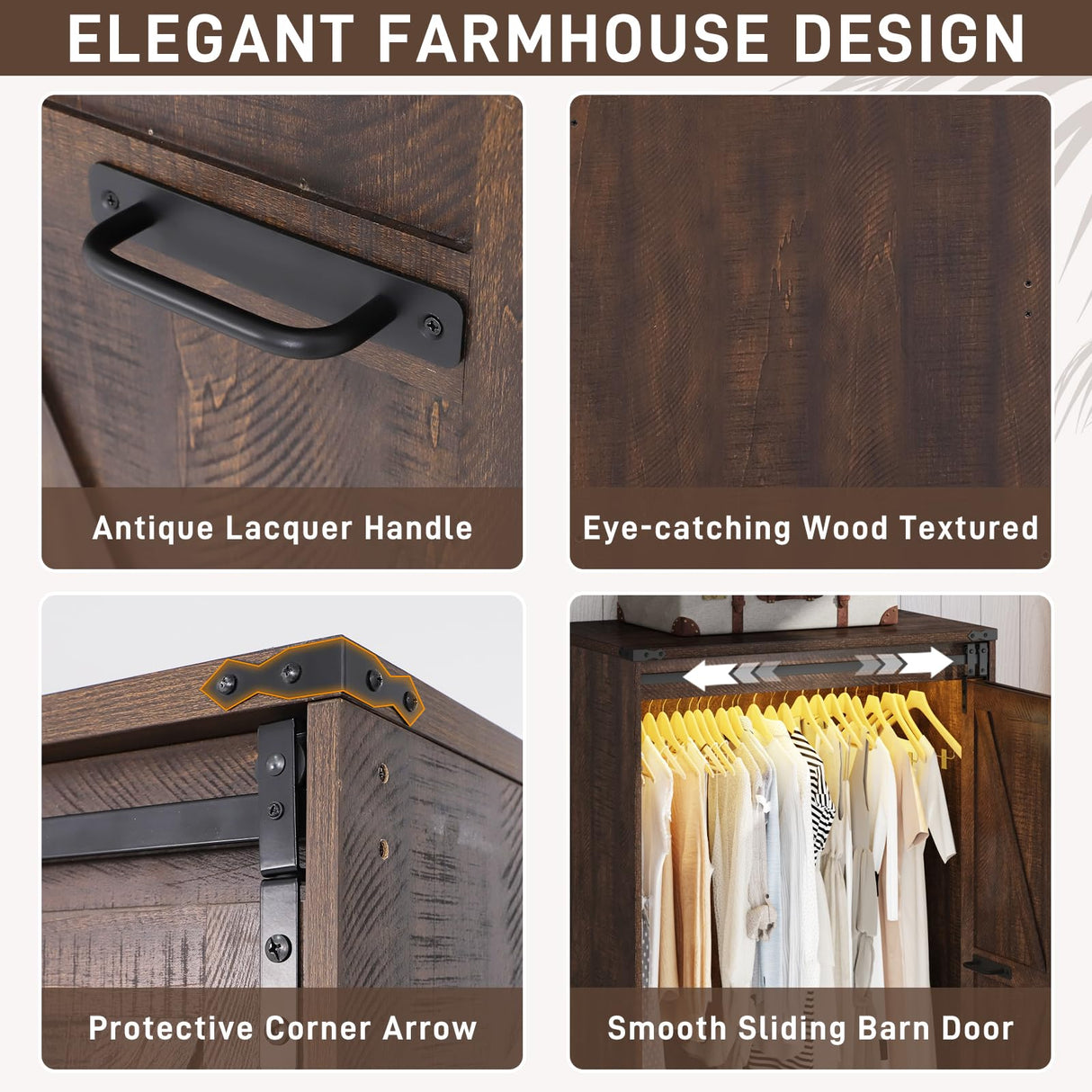 Farmhouse 2 Doors Armoire Wardrobe Closet w/Folding Sliding Barn Door and Lights, LED Armoire Closet w/Drawers for Bedroom, Freestanding Wooden Wardrobe Storage Closet w/Hanging Rod,Rustic Brown jiteentarou