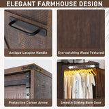 Farmhouse 2 Doors Armoire Wardrobe Closet w/Folding Sliding Barn Door and Lights, LED Armoire Closet w/Drawers for Bedroom, Freestanding Wooden Wardrobe Storage Closet w/Hanging Rod,Rustic Brown jiteentarou