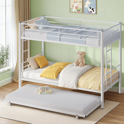 VECELO Twin Over Twin Bunk Bed with Trundle, Convertible Metal Bunkbeds with 2 Ladders and Guardrails, Space Saving, No Box Spring, White