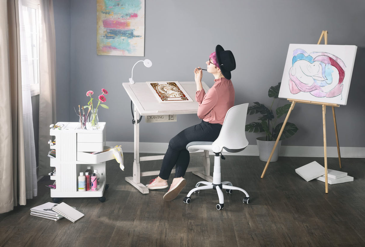 Studio Designs Vintage Drawing/Drafting Table with Pencil Ledge - 36" W x 24" D - Coastal Whitewash - Adjustable Tilting Top SD STUDIO DESIGNS