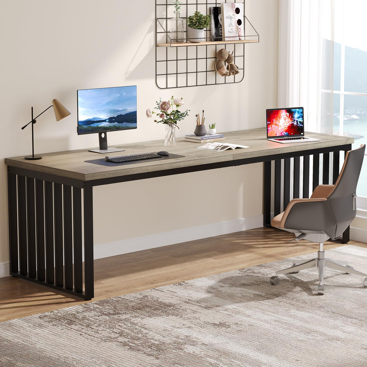 Tribesigns 78.74" Extra Long Computer Desk 2 Person Desk, Double Long Desk with Heavy Duty Metal Frame, Double Workstation Study Desk for Home Office, Brown (Without Chair) (Gray & Black) Tribesigns